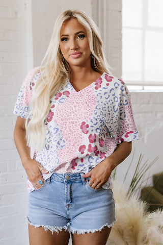Pink Mixed Leopard Print V Neck Short Sleeve Blouse, A Blissfully Beautiful Boutique - A Blissfully Beautiful Boutique