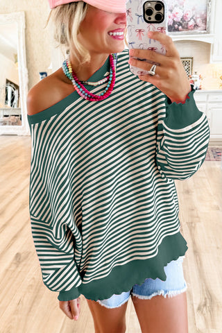 Green Stripe Loose Drop Shoulder Long Sleeve Top