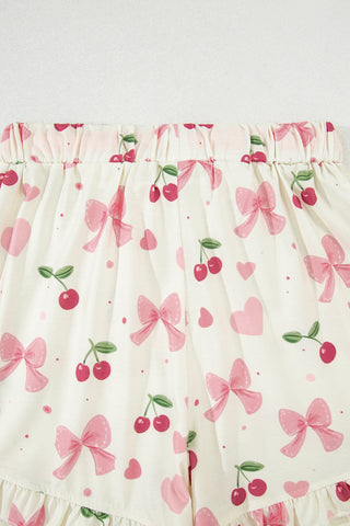 Beige Bow Fruit Print Contrast Pipping Short Pajamas Set