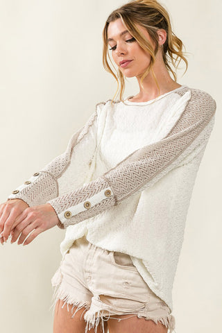 White Exposed Seam Textured Patch Buttoned Sleeve Top