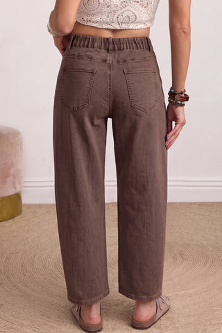 Coffee Solid Color Square Patch Pocket Ankle-length Barrel Jeans