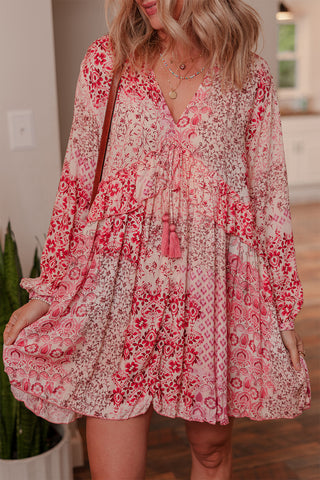 Pink Bohemian Floral Print Tassel Tie Long Sleeve Flowy Mini Dress, Dear-Lover Dropshipping - A Blissfully Beautiful Boutique