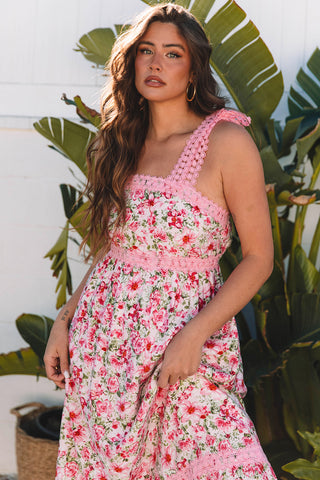 Pink Floral Lace Tied Strap Empire Waist Maxi Dress, A Blissfully Beautiful Boutique - A Blissfully Beautiful Boutique