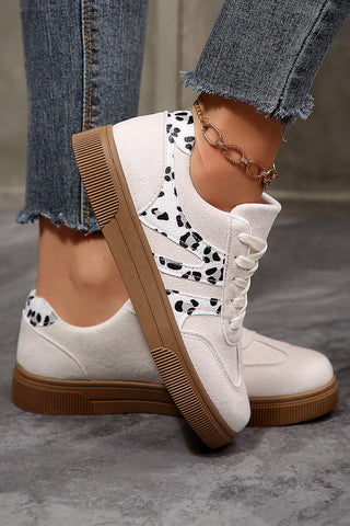 White Suede Leopard Color Block Trim Lace-up Casual Shoes, Dear-Lover Dropshipping - A Blissfully Beautiful Boutique