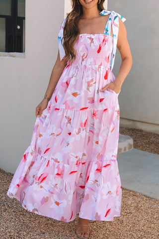 Pink Floral Print Knotted Shoulder Smocked Maxi Dress, A Blissfully Beautiful Boutique - A Blissfully Beautiful Boutique
