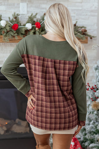 Moss Green Vintage Plaid Patchwork Drop Shoulder Sweatshirt, Dear-Lover Dropshipping - A Blissfully Beautiful Boutique
