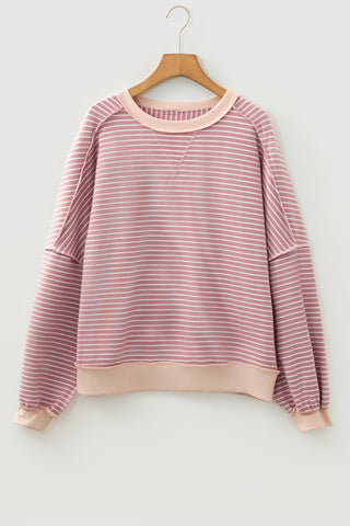 Pink Stripe Exposed Stitching Patchwork Casual Long Sleeve Top