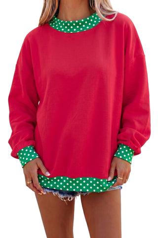 Burgundy Colorblock Polka Dot Contrast Trim Oversized Sweatshirt