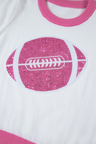 Pink Sequin Rugby Color Block Puff Short Sleeve Sweater