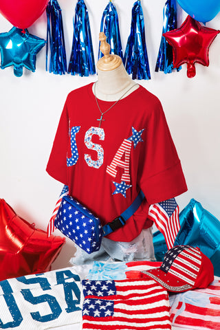 Fiery Red Patriotic USA Slogan Patch Embroidery Short Sleeve T Shirt, Dear-Lover Dropshipping - A Blissfully Beautiful Boutique