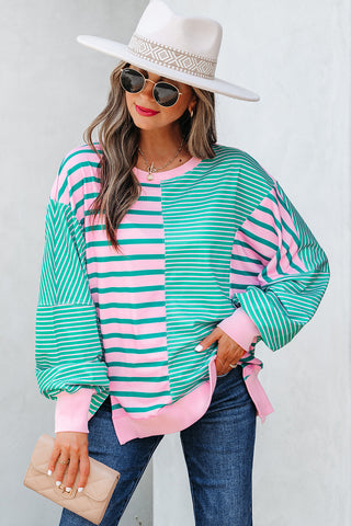 Green Stripe Mix Pattern Color Block Patchwork Side Slit Baggy Sweatshirt