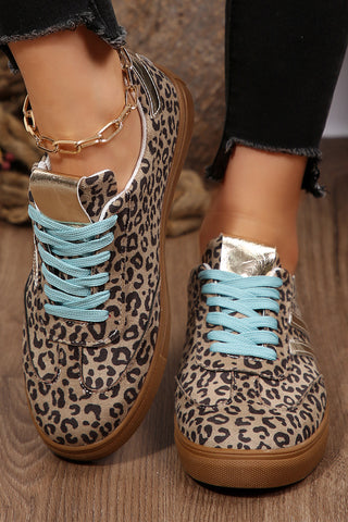 Coffee Faux Suede Leopard Print Sleek PU Leather Detail Lace Up Sneakers, Dear-Lover Dropshipping - A Blissfully Beautiful Boutique