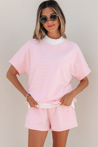 Pink Stripe Cuffed Sleeve Contrast Mock Neck Tee Casual 2pcs Short Set, Dear-Lover Dropshipping - A Blissfully Beautiful Boutique