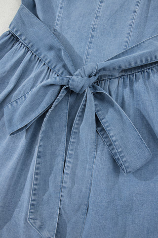 Myosotis Square Neck Bowknot A-line Sleeveless Denim Dress