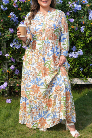 Khaki Floral Print 3/4 Sleeves Tiered Plus Size Long Dress, Dear-Lover Dropshipping - A Blissfully Beautiful Boutique