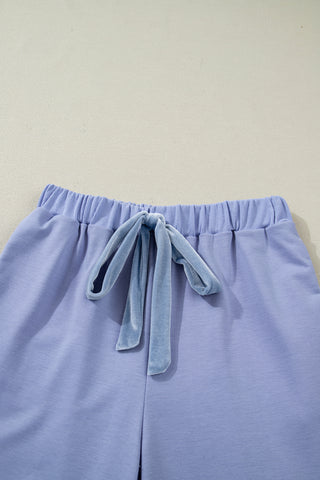 Beau Blue Flounce Long Sleeve Top Drawstring Pants Contrast Velvet Bow Knot 2pcs Lounge Set, Dear-Lover Dropshipping - A Blissfully Beautiful Boutique