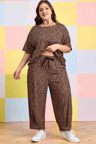 Brown Plus Size Leopard Loose Top Pleated Pants Set, Dear-Lover Dropshipping - A Blissfully Beautiful Boutique