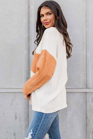 Orange Long Sleeve Colorblock Chest Pocket Textured Knit Top