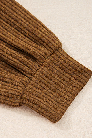 Brown Leopard Floral Print Ribbed Puff Sleeve Patchwork Loose Pullover