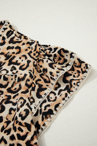 Khaki Plus Size Leopard Print Stitch Detail Ruffled Short Sleeve Blouse, Dear-Lover Dropshipping - A Blissfully Beautiful Boutique