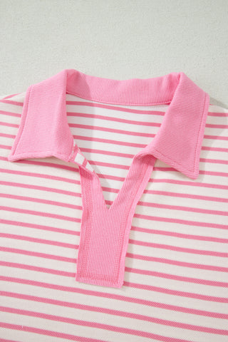 Pink Stripe Color Block Patchwork Polo Tee Drawstring Elastic Waist 2pcs Skort Set, Dear-Lover Dropshipping - A Blissfully Beautiful Boutique