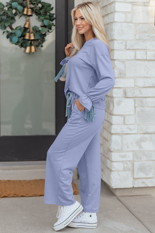 Beau Blue Flounce Long Sleeve Top Drawstring Pants Contrast Velvet Bow Knot 2pcs Lounge Set, Dear-Lover Dropshipping - A Blissfully Beautiful Boutique