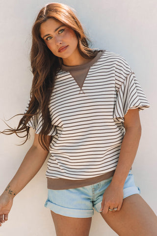 Parchment Contrast Detail Striped Ruffle Short Sleeve Top, A Blissfully Beautiful Boutique - A Blissfully Beautiful Boutique