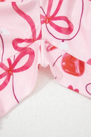 Red Romantic Bow Print Loose Tee Drawstring Shorts 2pcs Lounge Set, Dear-Lover Dropshipping - A Blissfully Beautiful Boutique