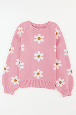 Pink Floral Pattern Drop Shoulder Sweater