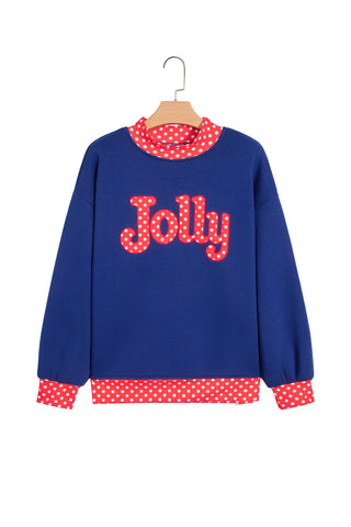 Dirty blue Polka Dot Letter Print Contrast Trim Mock Neck Sweatshirt