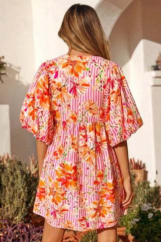 Pink Striped Floral Print Tie Neck Puff Sleeve Loose Mini Dress, Dear-Lover Dropshipping - A Blissfully Beautiful Boutique
