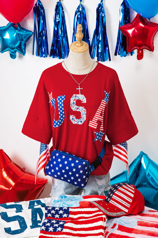 Fiery Red Patriotic USA Slogan Patch Embroidery Short Sleeve T Shirt, Dear-Lover Dropshipping - A Blissfully Beautiful Boutique