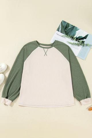 Mist Green Plus Size Waffled Color Block Long Sleeve Top, Dear-Lover Dropshipping - A Blissfully Beautiful Boutique