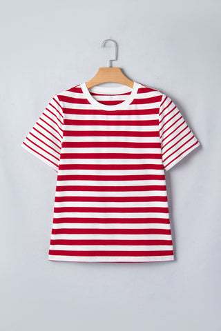 Red Stripe Patchwork Round Neck T Shirt, Dear-Lover Dropshipping - A Blissfully Beautiful Boutique
