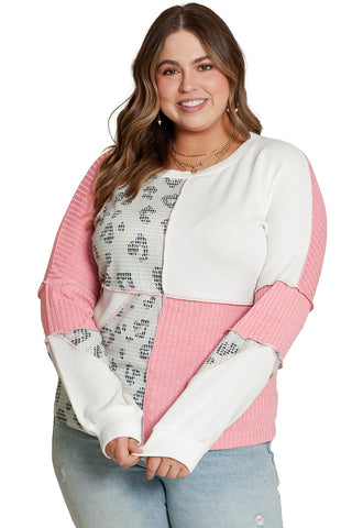 Pink Leopard Patchwork Color Block Knitted Plus Size Top