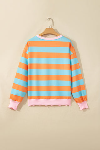 Orange Stripe Ribbed Color Block Trim Round Neck Long Sleeve Shift Top