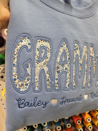 Custom Reverse Fabric Applique Embroidered Sweatshirt, Merch Girls - A Blissfully Beautiful Boutique