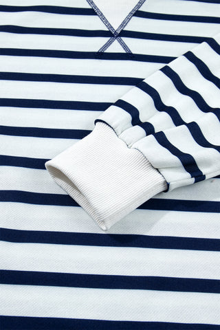 Blue Stripe Striped Stand Neck Long Sleeve Ribbed Cuff Hem Sweatshirt