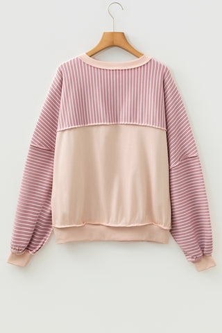 Pink Stripe Exposed Stitching Patchwork Casual Long Sleeve Top