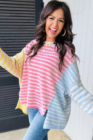 Multicolour Color Block Striped Patchwork Dolman Sleeve Slit Sweater, Dear-Lover Dropshipping - A Blissfully Beautiful Boutique