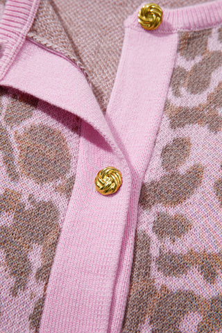 Pink Leopard Button Down Short Sleeve Sweater Cardigan, Dear-Lover Dropshipping - A Blissfully Beautiful Boutique
