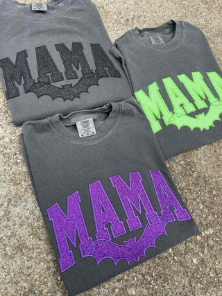 Custom Mama with bat Glitter Applique Embroidered Comfort Color Short Sleeve Shirt, Merch Girls - A Blissfully Beautiful Boutique