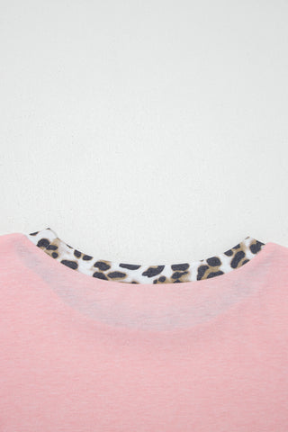 Light Pink Color Block Leopard Patchwork Dolman Sleeve High Low Baggy Sweatshirt