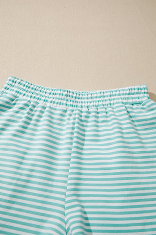 Green Stripe Cuffed Sleeve Contrast Mock Neck Tee Casual 2pcs Short Set, Dear-Lover Dropshipping - A Blissfully Beautiful Boutique