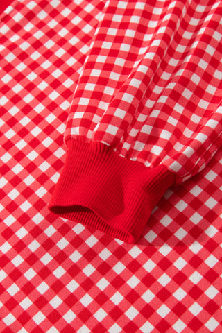 Red Gingham Oversized Ribbed Trim Crew Neck Long Sleeve Top and Skort Set