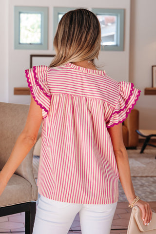Rose Stripe Shirred Yoke Ruffled Short Sleeve Blouse, Dear-Lover Dropshipping - A Blissfully Beautiful Boutique