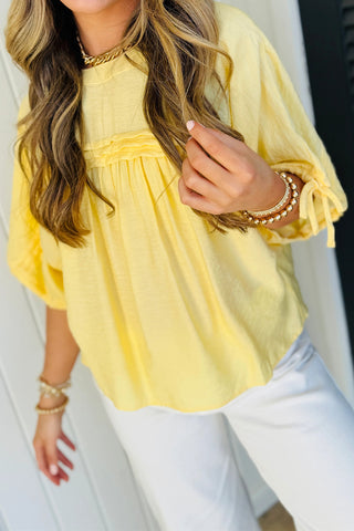 Yellow Cream Tie Half Sleeve Pleated Detail Babydoll Blouse, Dear-Lover Dropshipping - A Blissfully Beautiful Boutique