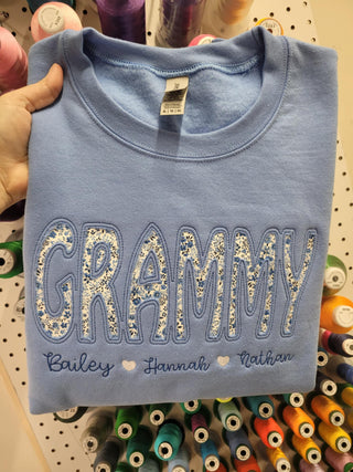 Custom Reverse Fabric Applique Embroidered Sweatshirt, Merch Girls - A Blissfully Beautiful Boutique