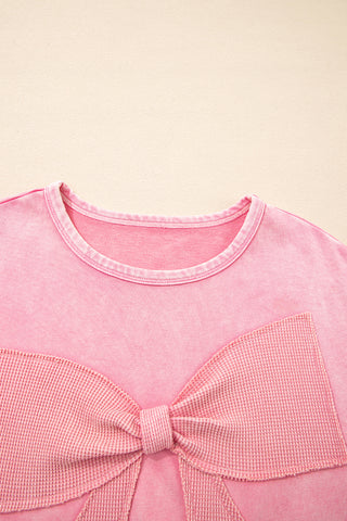 Bright Pink Mineral Wash Big Bow Patchwork Pullover Sweatshirt