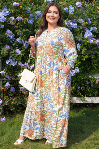 Khaki Floral Print 3/4 Sleeves Tiered Plus Size Long Dress, Dear-Lover Dropshipping - A Blissfully Beautiful Boutique